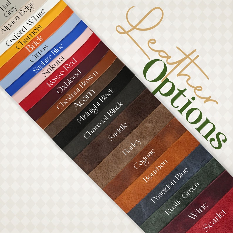 May include: Leather swatches in a variety of colours, including grey, beige, white, red, brown, black, blue, green, and orange. The swatches are arranged in a vertical row, with the text "Leather Options" at the top of the image.