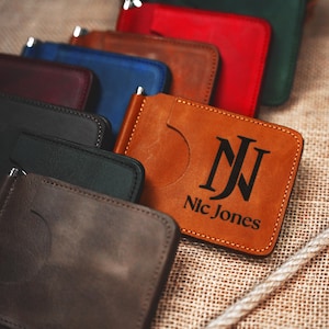 Geldklammer aus Leder für Herren, minimalistische Brieftasche für Ihn, personalisierte Brieftasche, individuell gravierte schlanke Brieftasche, Lederaccessoires für Herren