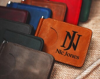Mens Genuine Leather Money Clip Wallet, Personalized Slim Billfold