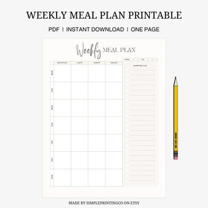 Weekly Meal Plan, Printable, Grocery List, 7 Day Menu, Instant Download