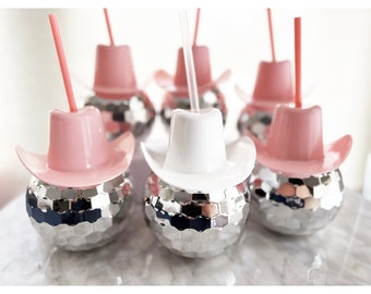 Cowboy Hat Disco Ball Cup with Clear Straw Bachelorette Party Tumbler Bridal Party Favors