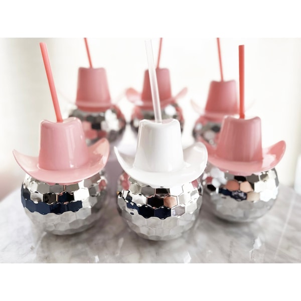 Cowboy Hat Disco Ball Cup with Clear Straw Bachelorette Party Tumbler Bridal Party Favors