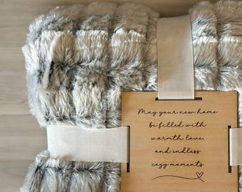 Custom Engraved Wood Blanket Tag with Throw Blanket - 50" x 60" - Housewarming/Closing Gift