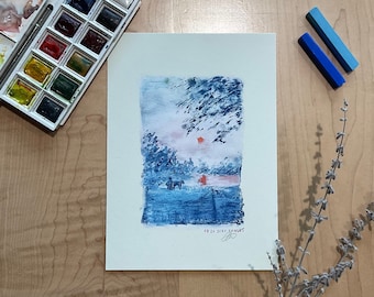 Boston Winter Sunset Watercolor Art Print | Foggy Lakeside Scene | 5x7
