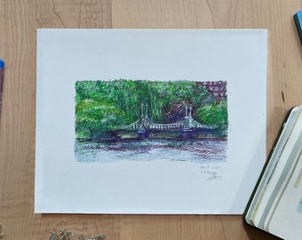 Boston Public Garden Bridge Art Print | Watercolor & Oil Pastel Landscape | 5x7, 8x10