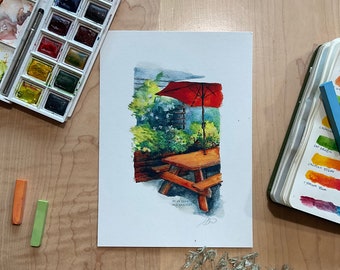 Summer Cafe Scene Painting | 5x7 Print | Providence, RI | Watercolor landscape painting