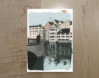 Zurich Old Town Art Print, Limmat River Illustration | 5x7, 8x10, 11x14