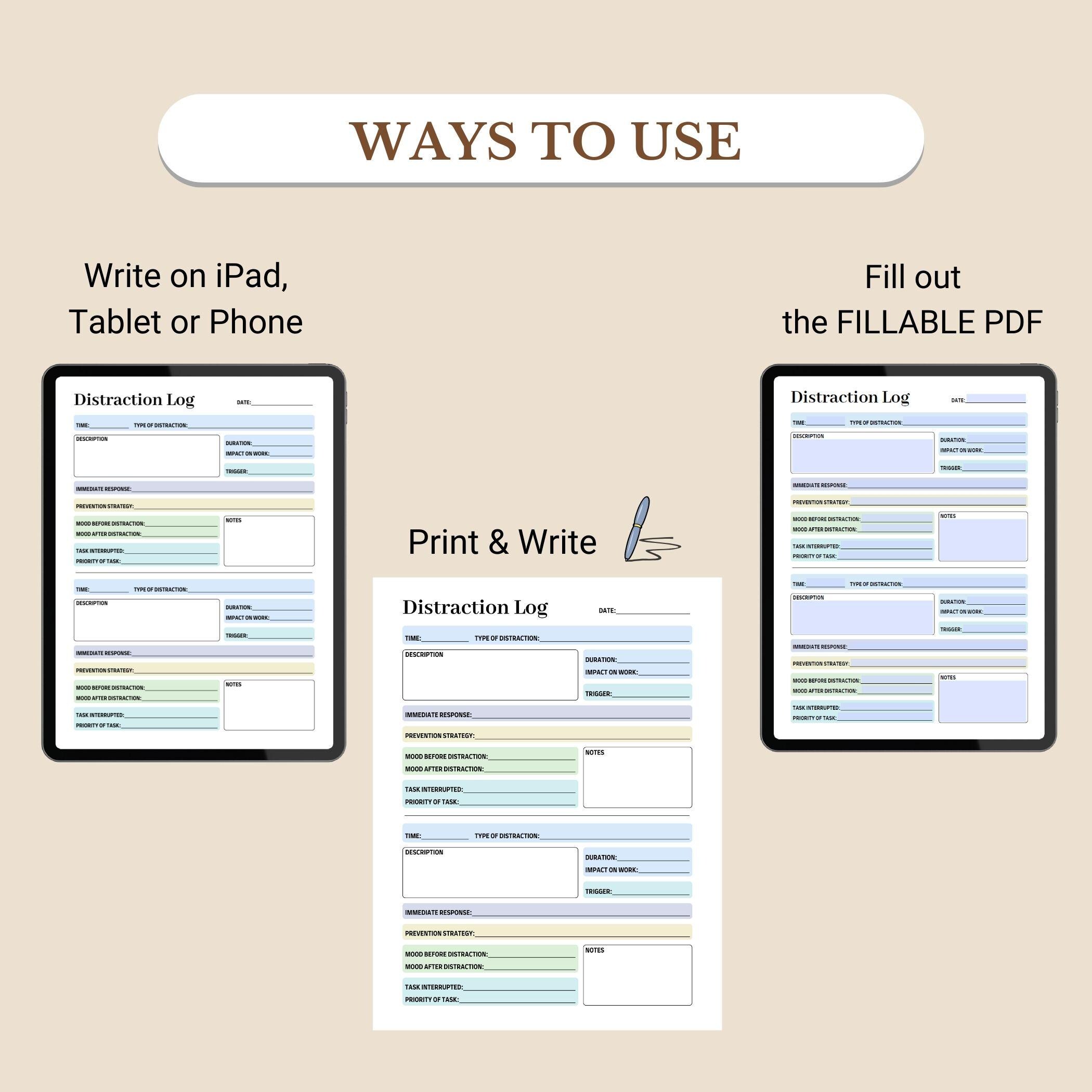 Distraction Log, Attention Tracker Printable, Focus Disruption Record ...
