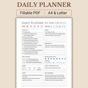 Puede incluir: Un planificador diario imprimible con secciones para listas de tareas, objetivos, recordatorios, seguimiento de comidas, ingesta de agua, ejercicio, dinero, notas y una sección para los planes de mañana. El planificador incluye un rastreador de estado de ánimo, iconos del tiempo y una sección de gratitud.