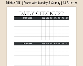 Tägliche Checkliste, To Do-Liste vor dem Schulanfang, druckbare ausfüllbare PDF-Datei, Buchstabe A4
