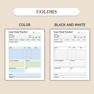 K&ouml;nnte beinhalten: Zwei Vorlagen f&uuml;r den "Case Task Tracker" werden angezeigt, eine in Farbe und eine in Schwarzwei&szlig;. Die Farbversion hat blaue, gelbe, gr&uuml;ne und t&uuml;rkisfarbene Abschnitte. Beide Vorlagen enthalten Felder f&uuml;r Falldetails, Aufgabenlisten und Notizen.