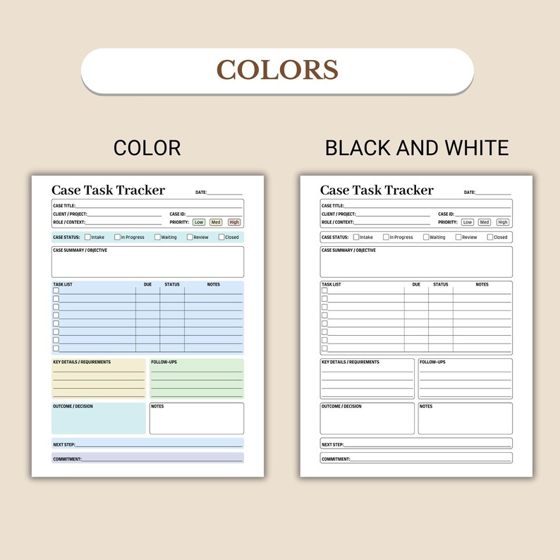 K&ouml;nnte beinhalten: Zwei Vorlagen f&uuml;r den "Case Task Tracker" werden angezeigt, eine in Farbe und eine in Schwarzwei&szlig;. Die Farbversion hat blaue, gelbe, gr&uuml;ne und t&uuml;rkisfarbene Abschnitte. Beide Vorlagen enthalten Felder f&uuml;r Falldetails, Aufgabenlisten und Notizen.