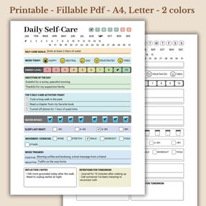 Rastreador diario de autocuidado, seguimiento de tu estado de ánimo y mentalidad, salud mental, PDF rellenable, rastreador de hidratación, tamaño A4, carta