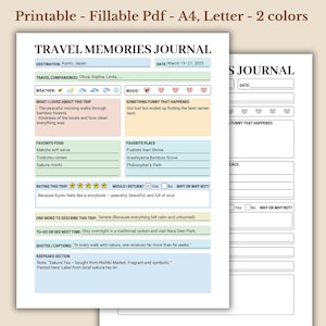May include: A printable travel memories journal with a light beige background. The journal includes sections for destination, date, weather, mood, favorite food, and favorite place. Text includes "Kyoto, Japan" and "March 15-21, 2025".