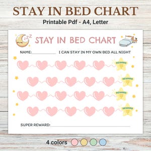 Puede incluir: Un gráfico imprimible para ayudar a los niños a quedarse en la cama toda la noche. El gráfico presenta una luna, estrellas y corazones. Tiene un espacio para el nombre, una sección para recompensas y una sección para una super recompensa. El texto "Puedo quedarme en mi propia cama toda la noche" está impreso en el gráfico.
