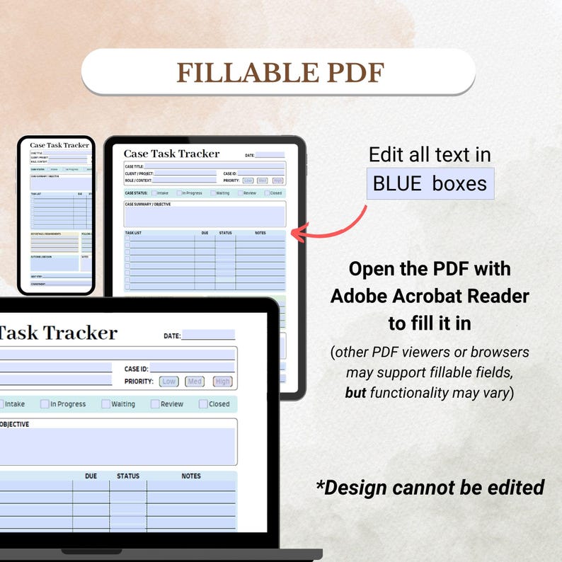 K&ouml;nnte beinhalten: Ein digitales, ausf&uuml;llbares PDF-Dokument mit dem Titel "Case Task Tracker", das auf einem Tablet, Telefon und Laptop angezeigt wird. Der Text weist darauf hin, dass die blauen K&auml;stchen bearbeitet werden k&ouml;nnen. Das Design kann nicht bearbeitet werden.
