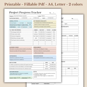 May include: Printable project progress tracker in A4 and Letter sizes, with a two-color design. The document includes sections for project details, overall status, key highlights, task/deliverables, and budget information. The text includes the title "Project Progress Tracker".