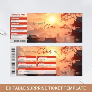 Modèle Billet de voyage surprise, Carte d'embarquement pour la Chine, Billet de vacances, Billet d'avion modifiable, Billet d'avion, Modèle de carte d'embarquement surprise