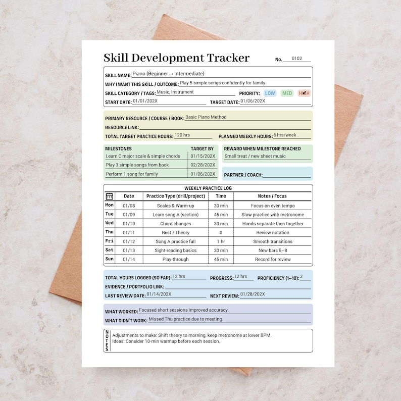 K&ouml;nnte beinhalten: Ein Skill-Development-Tracker f&uuml;r Klavier&uuml;bungen, mit Abschnitten f&uuml;r den Skill-Namen, Meilensteine und ein w&ouml;chentliches &Uuml;bungsprotokoll. Das Dokument enth&auml;lt ein Zieldatum, &Uuml;bungsstunden und Notizen zum Fokus.
