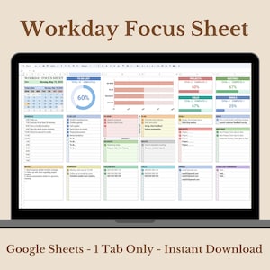Puede incluir: Una hoja de trabajo digital de enfoque que se muestra en la pantalla de una computadora portátil. La hoja incluye secciones para listas de tareas, horarios, proyectos y correos electrónicos. El texto "Workday Focus Sheet" está en la parte superior, con la fecha "Lunes 19 de mayo de 2025".
