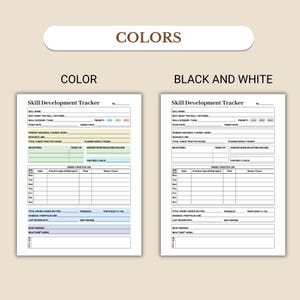 K&ouml;nnte beinhalten: Zwei Skill-Development-Tracker-Vorlagen, eine in Farbe und eine in Schwarzwei&szlig;. Die Farbversion hat Abschnitte in Blau, Gr&uuml;n und Lila. Beide Vorlagen enthalten Abschnitte f&uuml;r den F&auml;higkeitsnamen, das Zieldatum und w&ouml;chentliche &Uuml;bungsprotokolle.