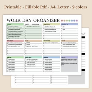 Può includere: Un organizzatore di giornata lavorativa stampabile con sezioni per cose da fare, progetti, scadenze, chiamate, riunioni, e-mail, promemoria, follow-up, priorità, idee e note. L'organizzatore è in uno schema di colori verde chiaro, blu chiaro e rosa chiaro.