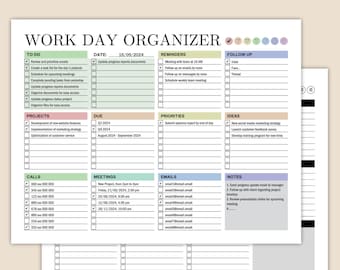 Work Day Organizer, Work Day Planner, Printable Work Planner, Digital Planner, To Do List, Work Checklist, Daily, Weekly List, Fillable Pdf