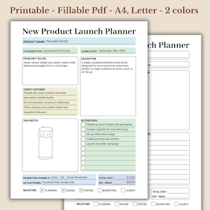 以下が含まれることがあります： 「New Product Launch Planner」というタイトルと「Reusable Bottle」という製品名が付いた、緑と白の印刷可能な製品発売プランナーテンプレートです。このテンプレートには、解決する問題、ターゲット顧客、アイデアのスケッチ、アクションステップ、プロモーションチャネル、広告プラットフォーム、総費用、推定価格、マイルストーンのセクションが含まれています。