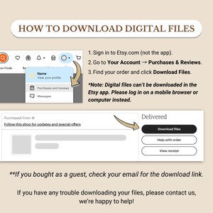 K&ouml;nnte beinhalten: Eine beige Grafik mit Anweisungen zum Herunterladen digitaler Dateien von Etsy. Sie beschreibt das Einloggen auf Etsy.com, das Navigieren zu K&auml;ufe & Bewertungen und das Klicken auf Dateien herunterladen. Der Text warnt vor der Nutzung der Etsy-App.