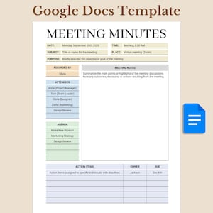 Meeting Minutes, Printable Business Agenda Notes, Editable Google Docs Template, Letter, A4