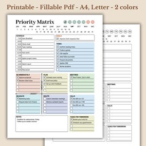Puede incluir: Planificador de matriz de prioridades imprimible en tamaños A4 y Carta, con dos opciones de color. El planificador incluye secciones para horario, objetivos, tareas, reuniones, llamadas y tareas para mañana. El texto incluye "Priority Matrix" y "Printable - Fillable Pdf - A4, Letter - 2 colors."