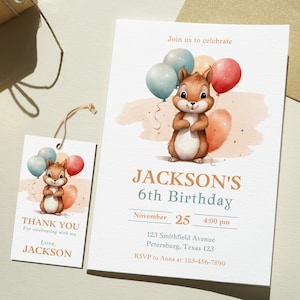 Faire-part d'anniversaire écureuil, invitation minimaliste à une fête d'anniversaire écureuil, modèle d'invitation modifiable, fête d'enfants, téléchargement immédiat