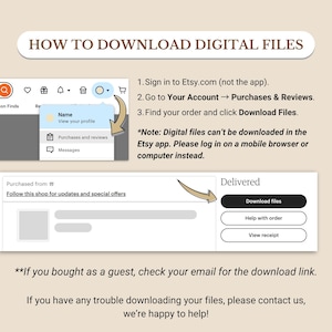K&ouml;nnte beinhalten: Eine beige Grafik mit Anweisungen zum Herunterladen digitaler Dateien von Etsy. Der Text enth&auml;lt Schritte zum Suchen und Herunterladen von Dateien mit Screenshots der Etsy-Website. Es bietet auch Tipps zur Fehlerbehebung.