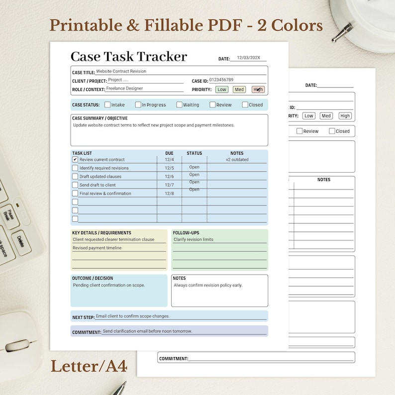 K&ouml;nnte beinhalten: Druckbarer und ausf&uuml;llbarer PDF-Fall-Task-Tracker mit blauem und wei&szlig;em Design. Das Dokument enth&auml;lt Abschnitte f&uuml;r Falltitel, Mandant, Fallstatus, Aufgabenliste und Notizen. Der Text "Letter/A4" ist unten sichtbar.