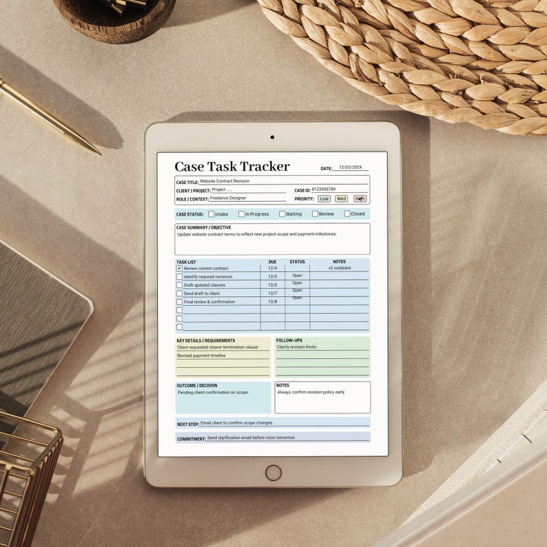K&ouml;nnte beinhalten: Ein wei&szlig;es Tablet mit einem "Case Task Tracker" Formular. Das Formular enth&auml;lt Felder f&uuml;r Falltitel, F&auml;lligkeitsdaten und Statusaktualisierungen. Das Tablet liegt auf einer hellen Oberfl&auml;che, mit einem geflochtenen Korb und einem goldenen Stift im Hintergrund.
