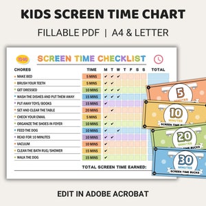 Peut inclure: Un tableau de temps d'écran imprimable pour les enfants avec une liste de tâches ménagères et des récompenses de temps d'écran correspondantes. Le tableau est conçu pour être rempli avec des coches et comprend une section de temps d'écran total gagné. Le tableau présente des illustrations colorées de jetons de temps d'écran en coupures de 5, 10, 20 et 30 minutes.