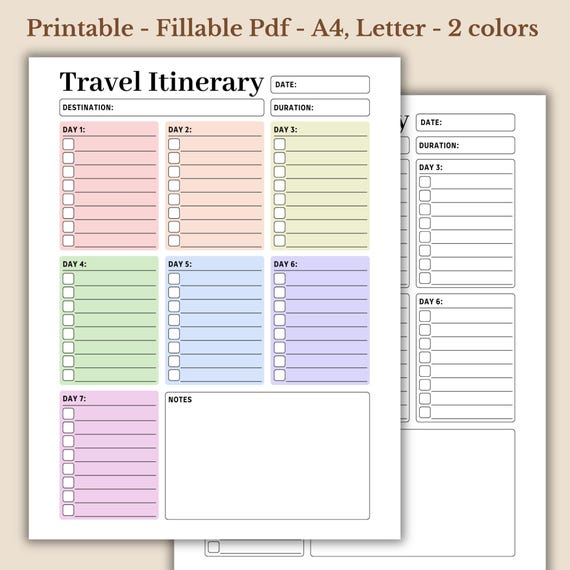 Travel Itinerary Planner: Printable Vacation Checklist (Fillable PDF)