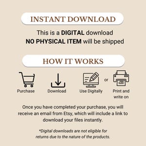 K&ouml;nnte beinhalten: Beige Grafik mit dem Text "SOFORT-DOWNLOAD" und "Dies ist ein DIGITALER Download, KEIN PHYSISCHER ARTIKEL wird versendet." Darunter wird "WIE ES FUNKTIONIERT" mit Symbolen und Text angezeigt: Kaufen, Herunterladen, Digital verwenden und Drucken und schreiben.