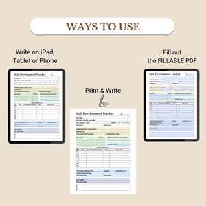 K&ouml;nnte beinhalten: Beige Grafik mit dem Text &bdquo;WAYS TO USE&ldquo; oben. Das Bild zeigt einen &bdquo;Skill Development Tracker&ldquo; auf einem Tablet, eine gedruckte Version und eine ausf&uuml;llbare PDF-Version. Der Text enth&auml;lt &bdquo;Write on iPad, Tablet or Phone&ldquo;, &bdquo;Print & Write&ldquo; und &bdquo;Fill out the FILLABLE PDF&ldquo;.