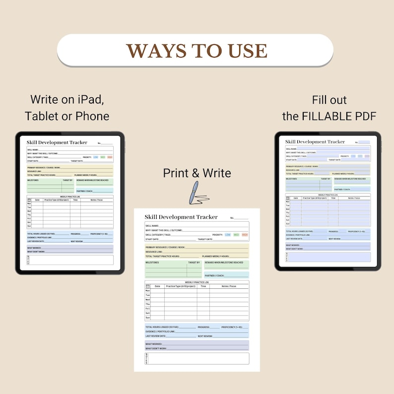 K&ouml;nnte beinhalten: Beige Grafik mit dem Text &bdquo;WAYS TO USE&ldquo; oben. Das Bild zeigt einen &bdquo;Skill Development Tracker&ldquo; auf einem Tablet, eine gedruckte Version und eine ausf&uuml;llbare PDF-Version. Der Text enth&auml;lt &bdquo;Write on iPad, Tablet or Phone&ldquo;, &bdquo;Print & Write&ldquo; und &bdquo;Fill out the FILLABLE PDF&ldquo;.