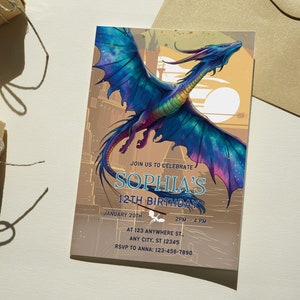 Modèle d'Invitation d'anniversaire dragon, faire-part dragon modifiable, fête Dragon, faire-part numérique, invitation fête d'enfants, anniversaire de filles