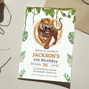 Tiger Safari Birthday Invitation Template, Printable Animal Theme, Digital Download