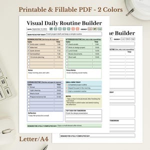 Op de afbeelding: Printbare en invulbare PDF dagelijkse routinebouwer in twee kleuren. De planner bevat secties voor ochtend-, middag- en avondroutines, met ruimte voor taken en tijden. De tekst bevat "Visual Daily Routine Builder".