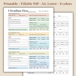Peut inclure: Planificateur PDF imprimable et remplissable en deux couleurs, formats A4 et Lettre. Le planificateur comprend des sections pour les sessions de concentration, les tâches, les niveaux d'énergie et les pauses. Avec un cycle de concentration 90/20.