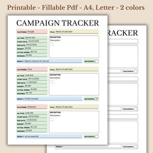 Campaign Tracker: Printable Fillable PDF, Ads Planner (Instant Download)