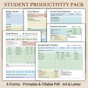 May include: A collection of six printable and fillable PDF forms for student productivity, including a budget tracker, essay planner, lecture notes organizer, semester overview, study planner, and group project tracker. The forms are designed for A4 and Letter sizes.