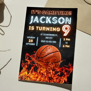 Basketball Birthday Party Invitation, Fire Theme, Sport Invite, Neon, Printable Digital Invitation, Editable Canva Template