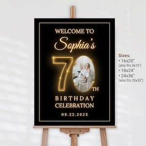 70th Birthday Welcome Sign: Golden Neon Party Decor (Canva Template - Digital Download)