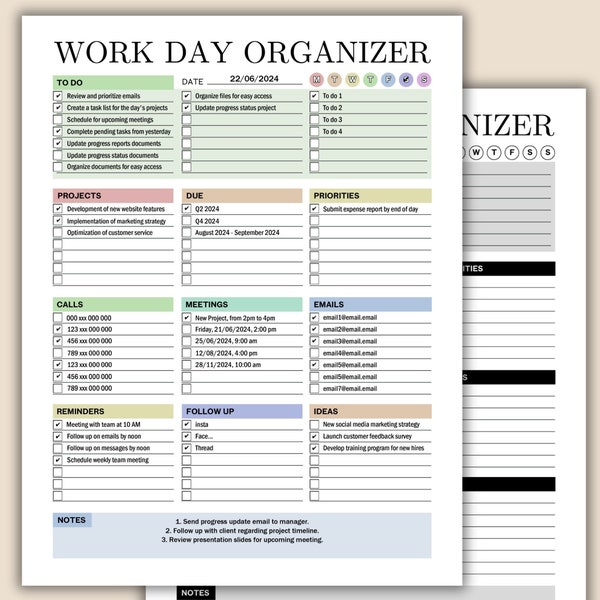 Work Day Organizer, Work Day Planner, Printable Work Planner, Digital Planner, To Do List, Work Checklist, Daily, Weekly, Fillable Pdf