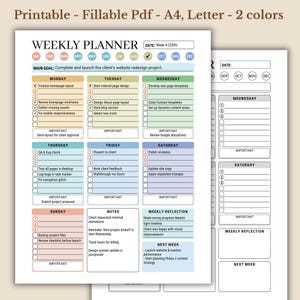 Pode incluir: Um planejador semanal com um esquema de cores azul, verde e rosa. O planejador é dividido em dias da semana, com seções para tarefas, notas e reflexões semanais. O objetivo principal do planejador é concluir e lançar o redesenho do site de um cliente.
